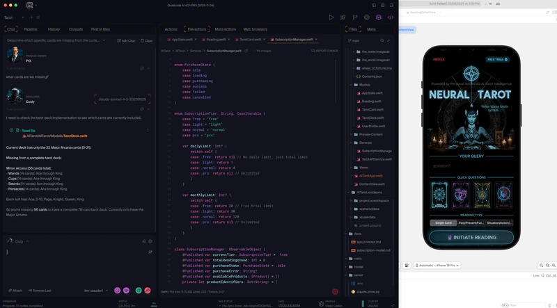 Mobile tarot app built in Quadcode AI