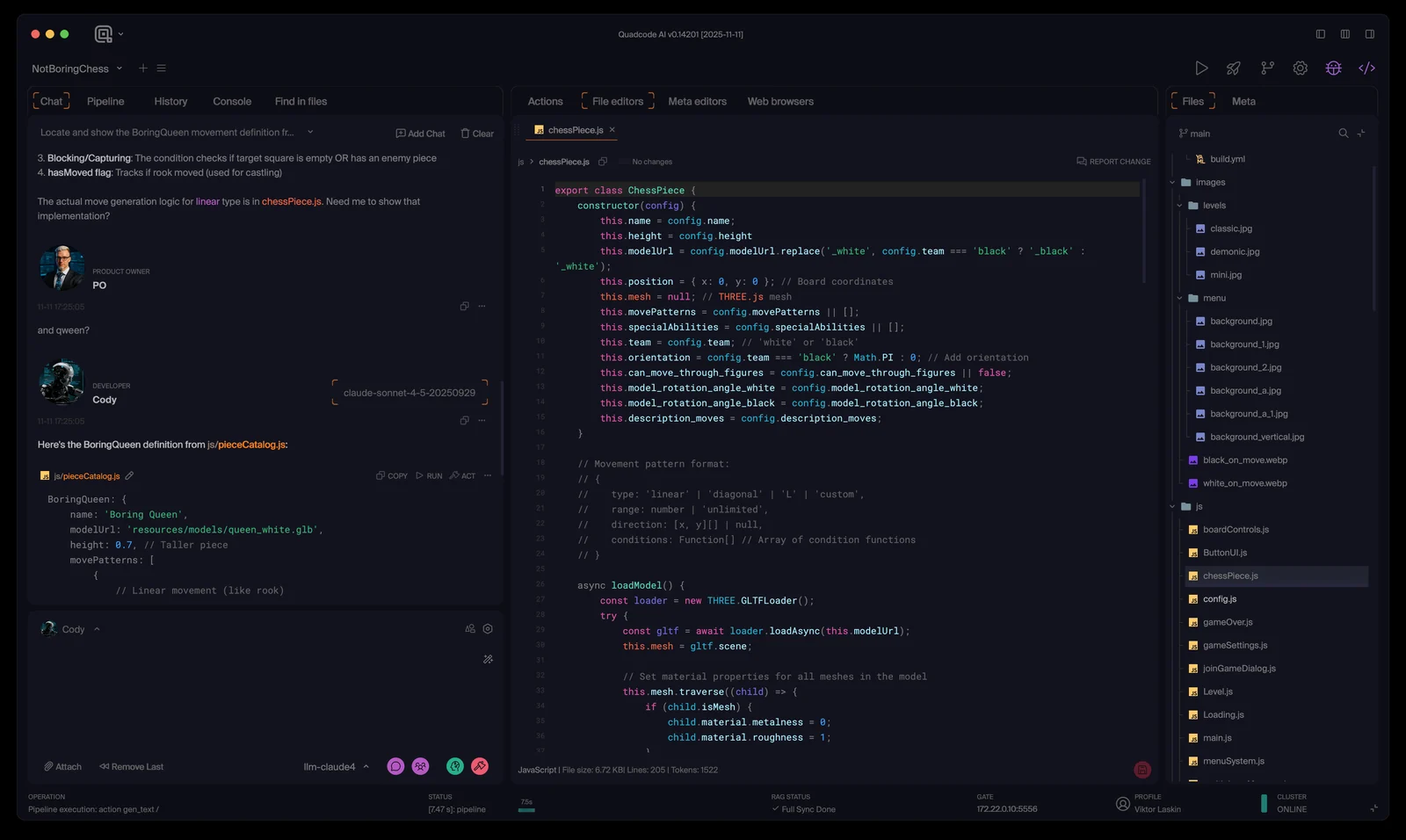 The Quadcode AI workspace: agent chat, code editor and file panels side by side